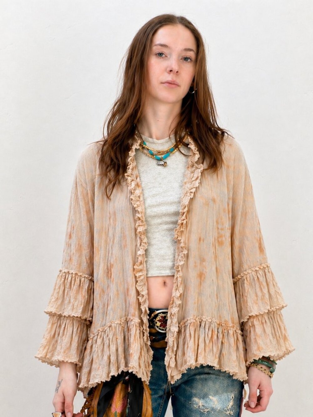 JADED GYPSY TIE DYE RUFFLE TRIM OPEN JACKET